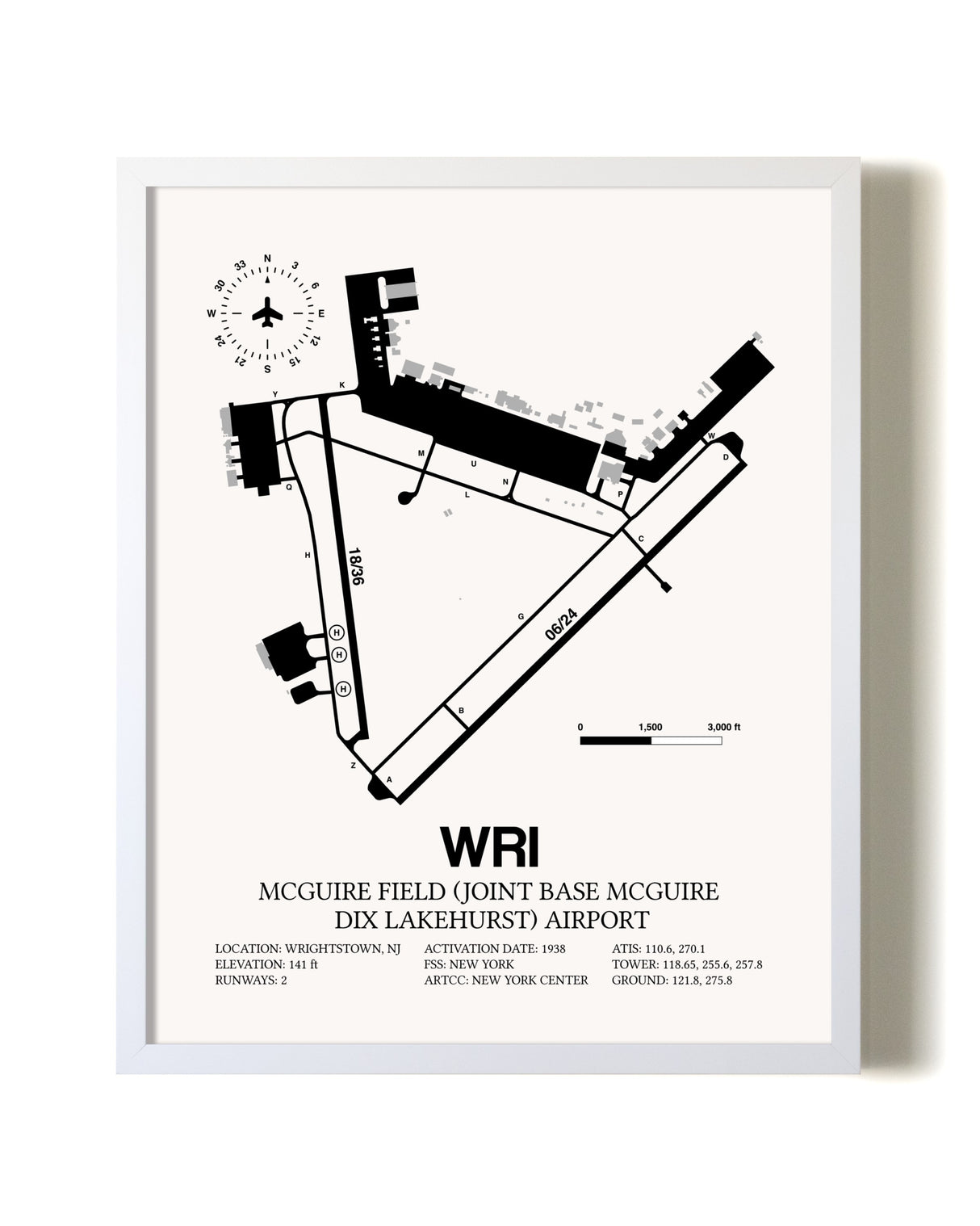 McGuire Field (Joint Base McGuire Dix Lakehurst) Airport airport map poster in oak frame