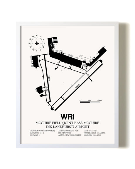 McGuire Field (Joint Base McGuire Dix Lakehurst) Airport airport map poster in oak frame