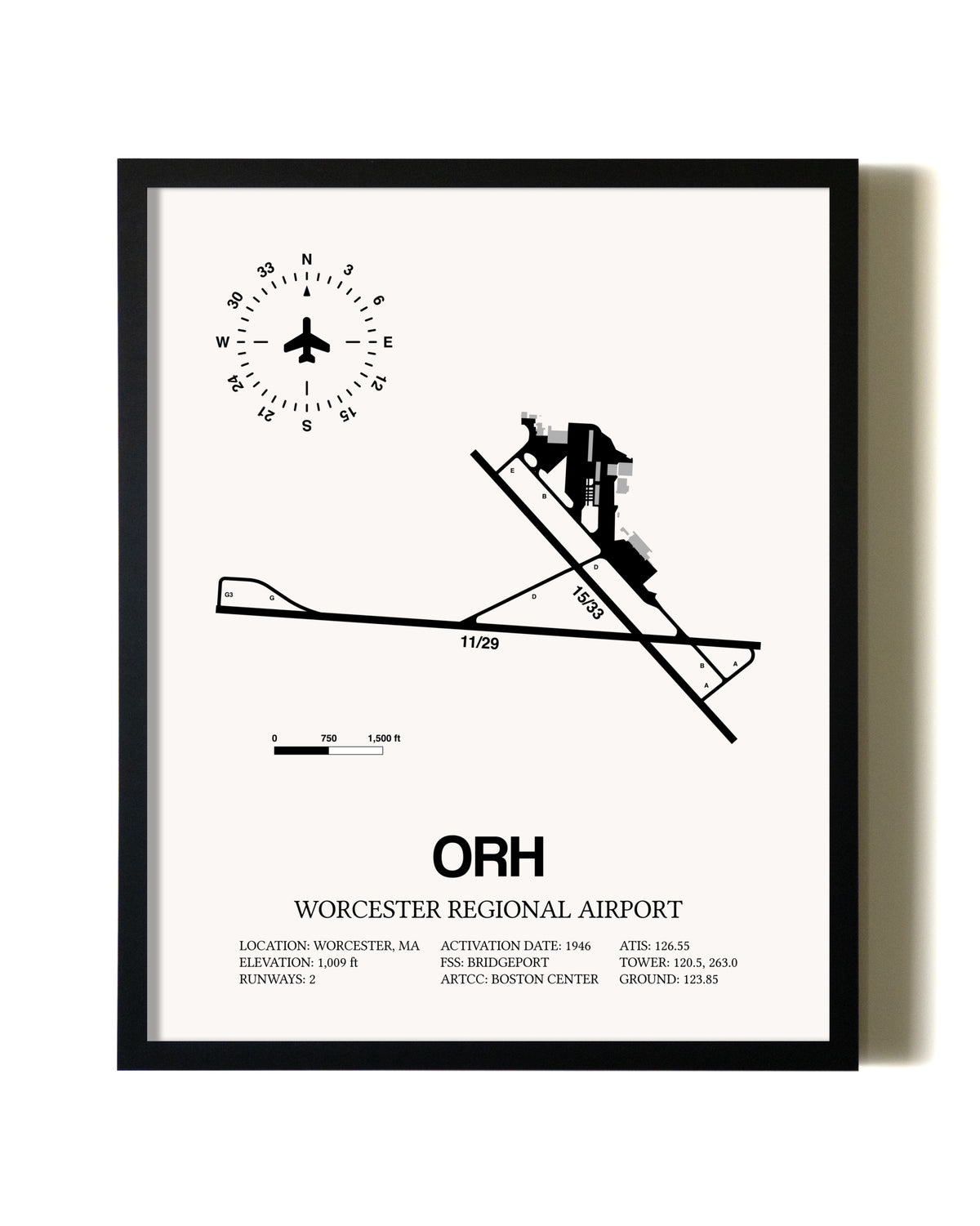 Framed Worcester Regional Airport wall art poster in black frame