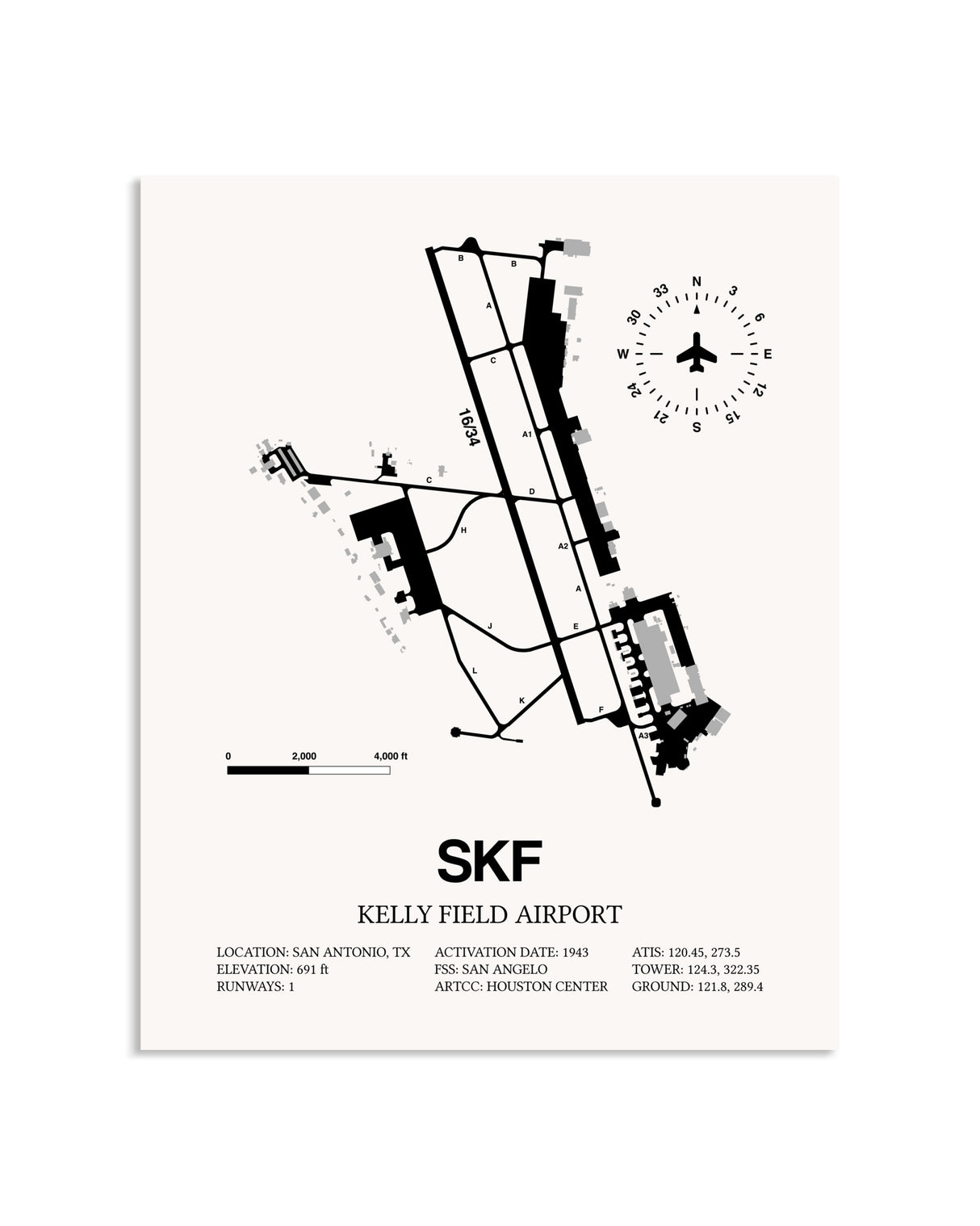 Gray Kelly Field Airport framed poster displayed in an airplane hangar