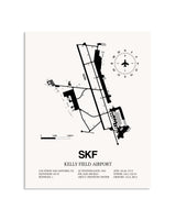 Gray Kelly Field Airport framed poster displayed in an airplane hangar