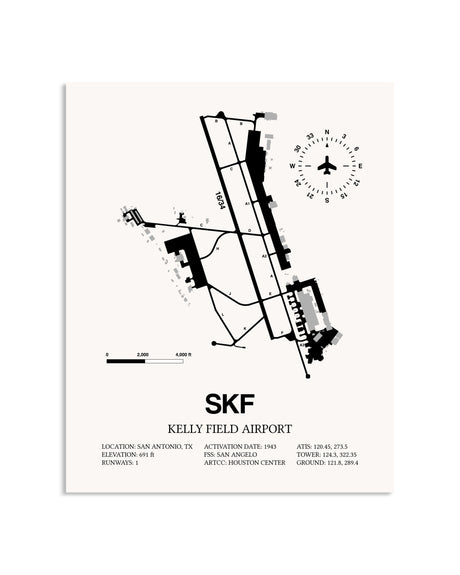 Gray Kelly Field Airport framed poster displayed in an airplane hangar