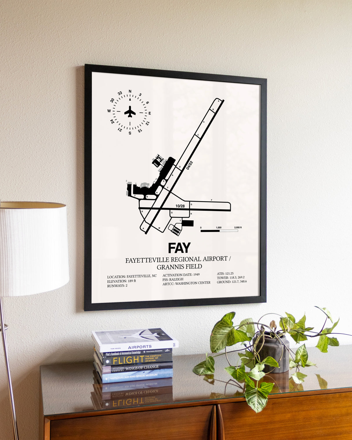Fayetteville Regional Airport / Grannis Field aviation wall décor in black wood frame