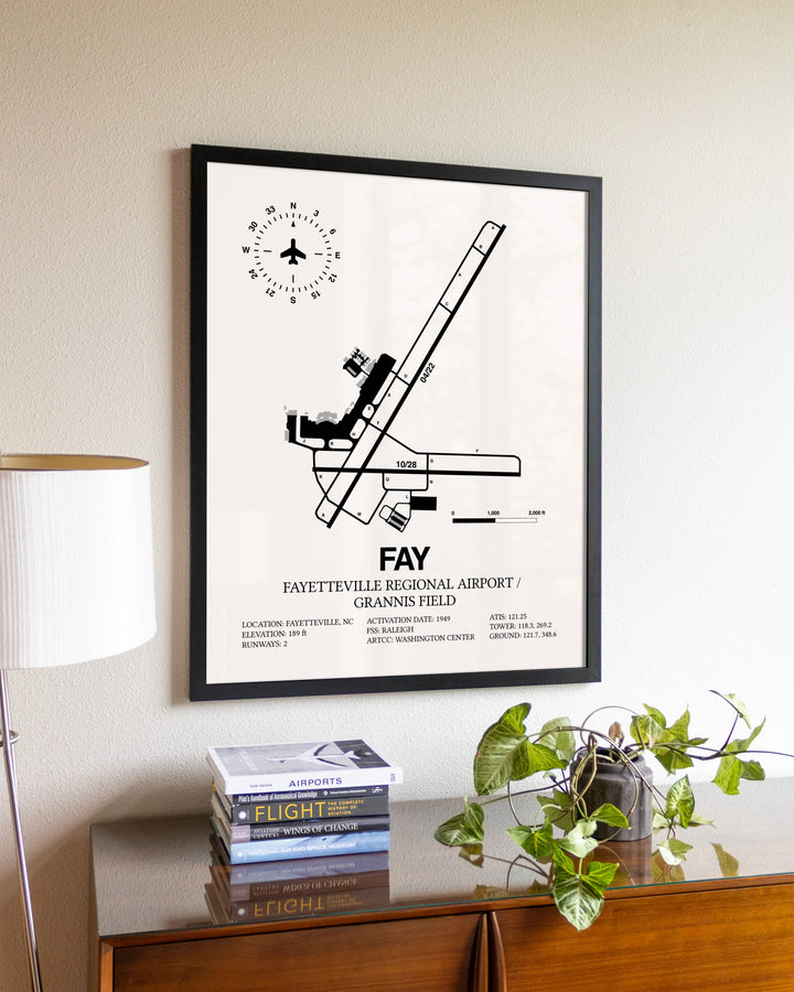 Fayetteville Regional Airport / Grannis Field aviation wall décor in black wood frame