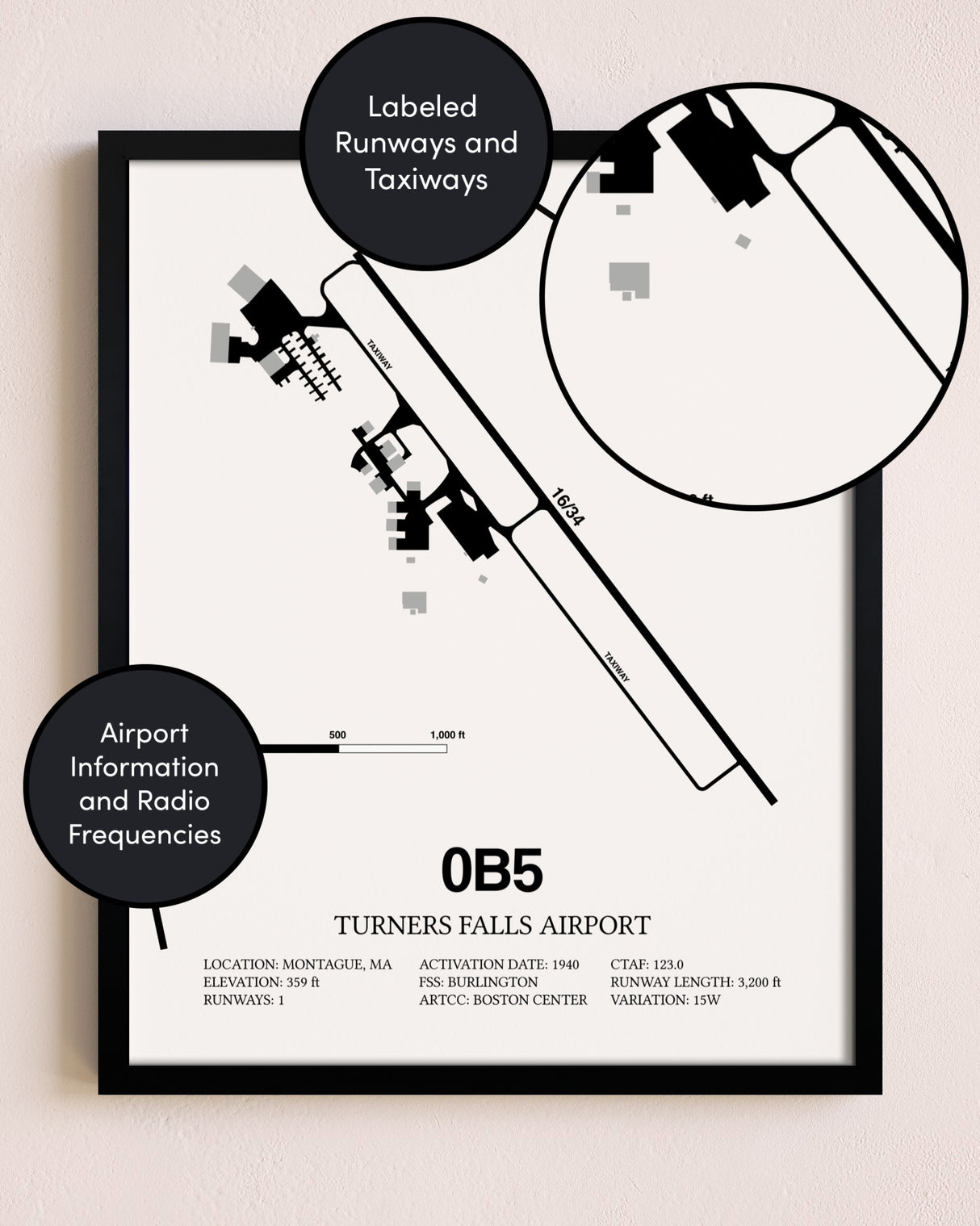 Framed Turners Falls Airport layout wall art poster