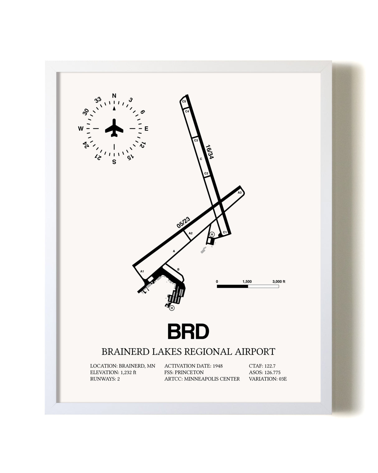 Brainerd Lakes Regional Airport airport map poster in oak frame