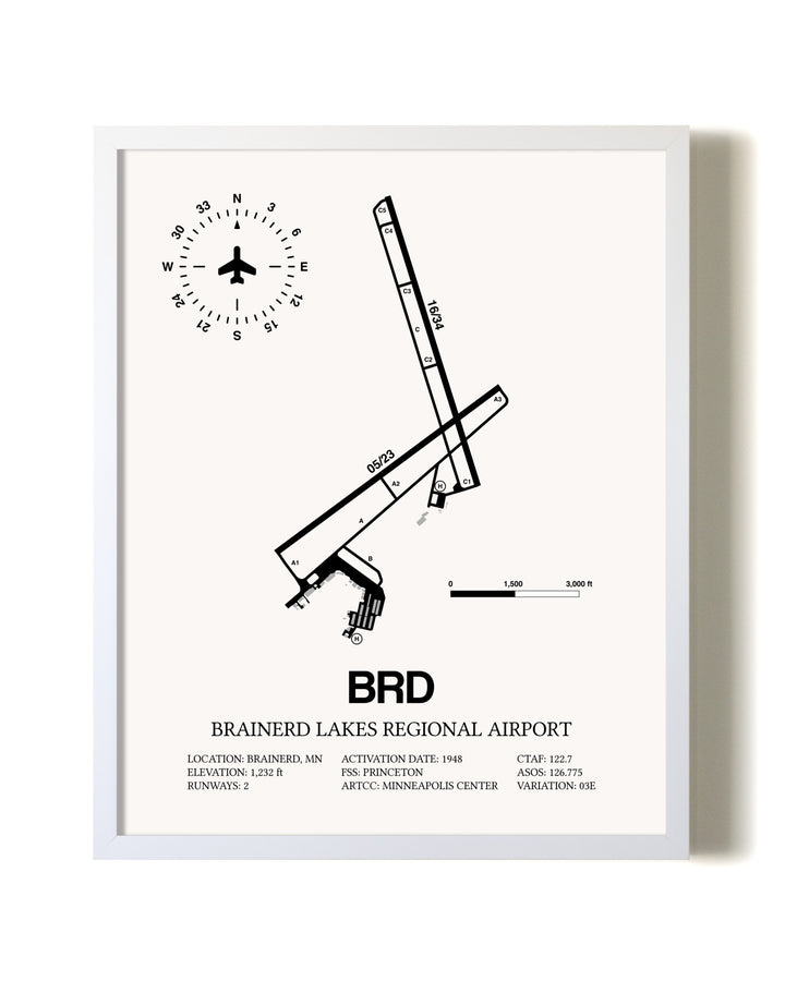 Brainerd Lakes Regional Airport airport map poster in oak frame