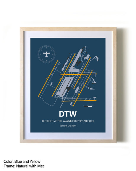 Detroit Metro Wayne County Airport framed print in natural wood frame with mat