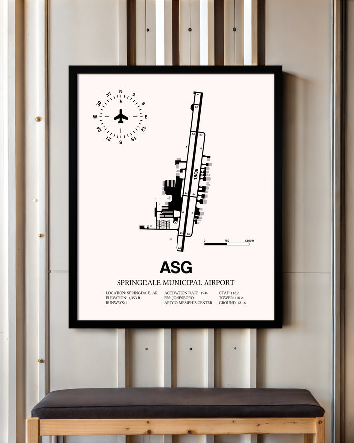 Springdale Municipal Airport framed poster displayed in an airplane hangar