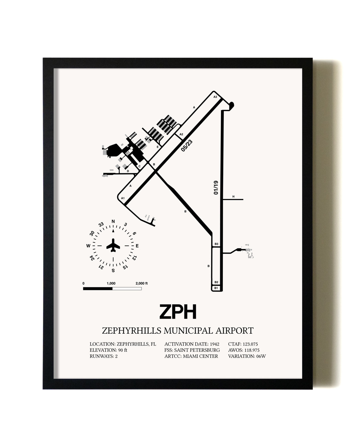 Framed Zephyrhills Municipal Airport wall art poster in black frame