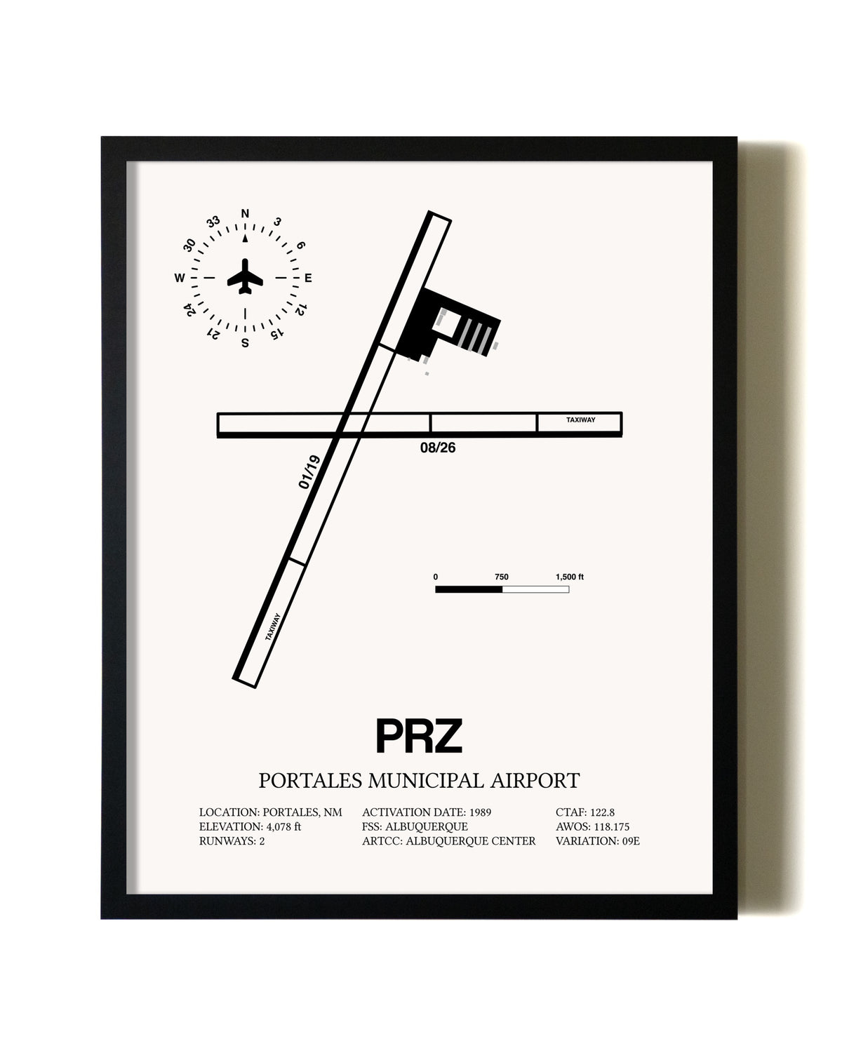 Framed Portales Municipal Airport wall art poster in black frame