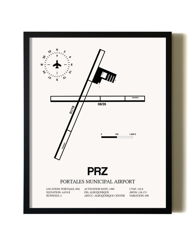 Framed Portales Municipal Airport wall art poster in black frame