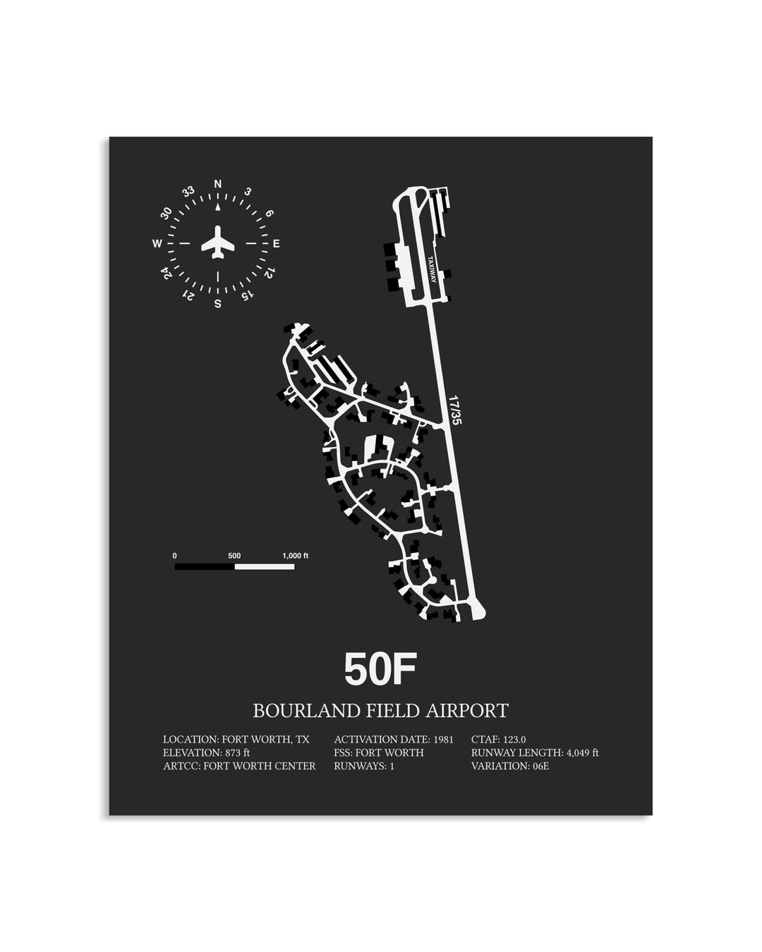 Gray Framed Bourland Field Airport layout wall art poster