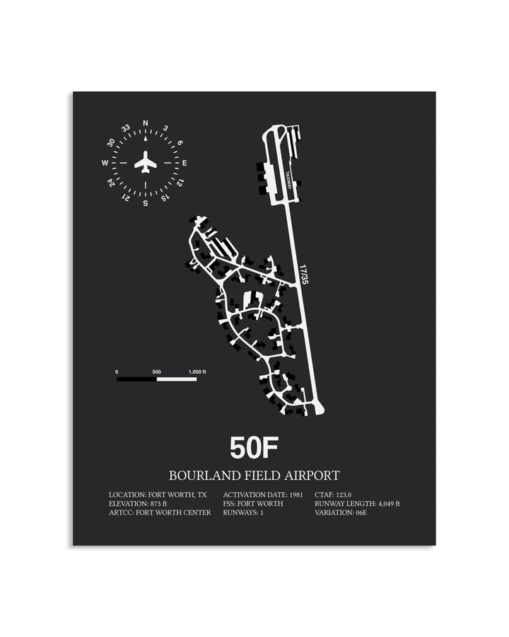 Gray Framed Bourland Field Airport layout wall art poster
