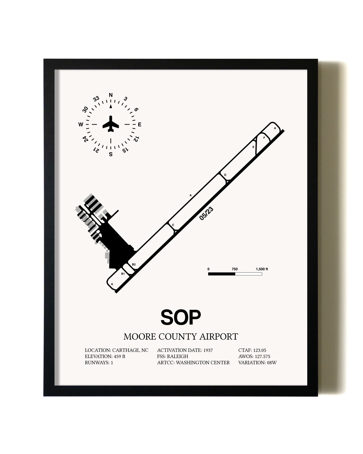 Framed Moore County Airport wall art poster in black frame