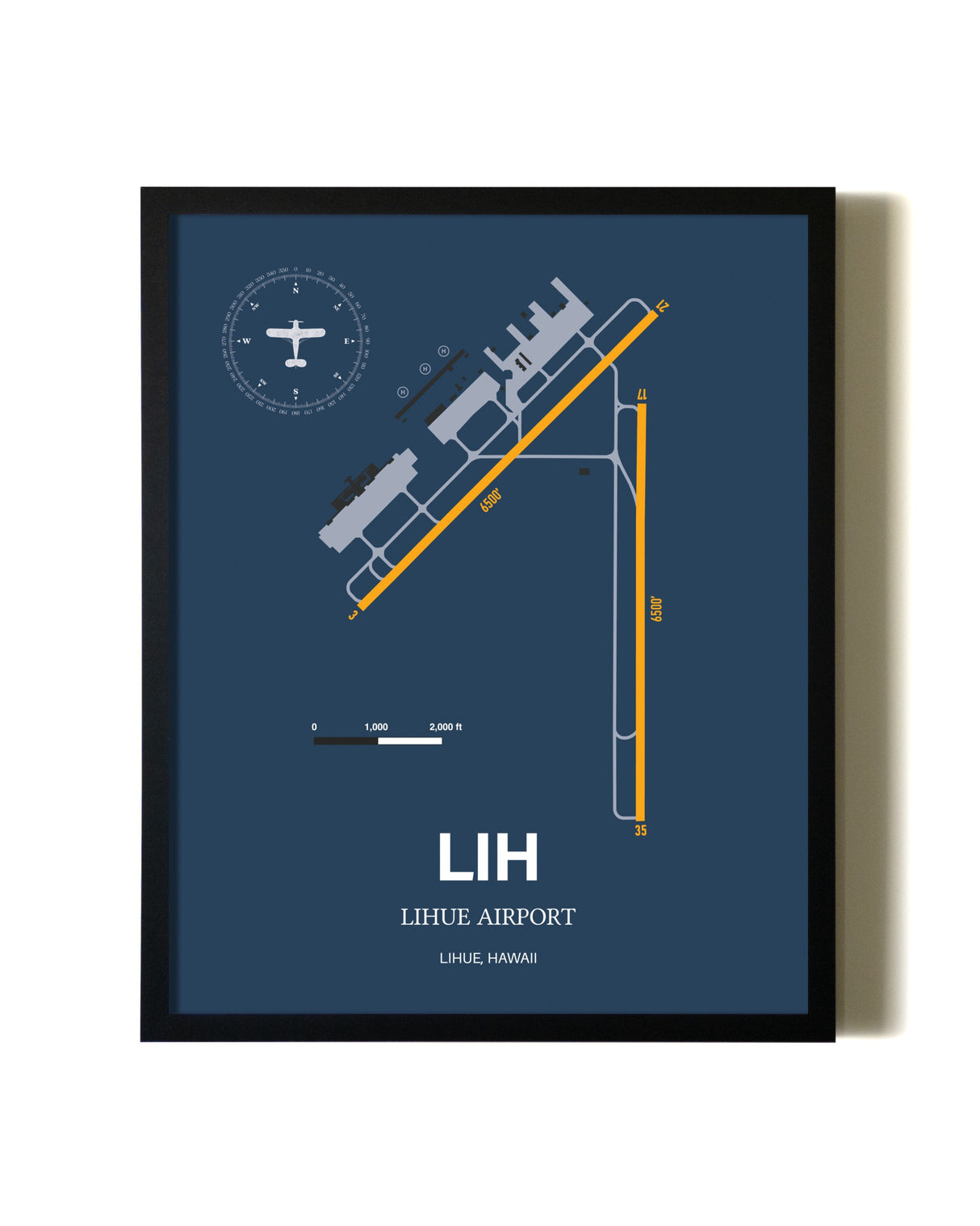 Blue and Yellow Framed Lihue Airport wall art poster in black frame