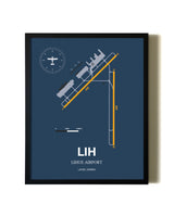 Blue and Yellow Framed Lihue Airport wall art poster in black frame