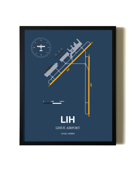 Blue and Yellow Framed Lihue Airport wall art poster in black frame