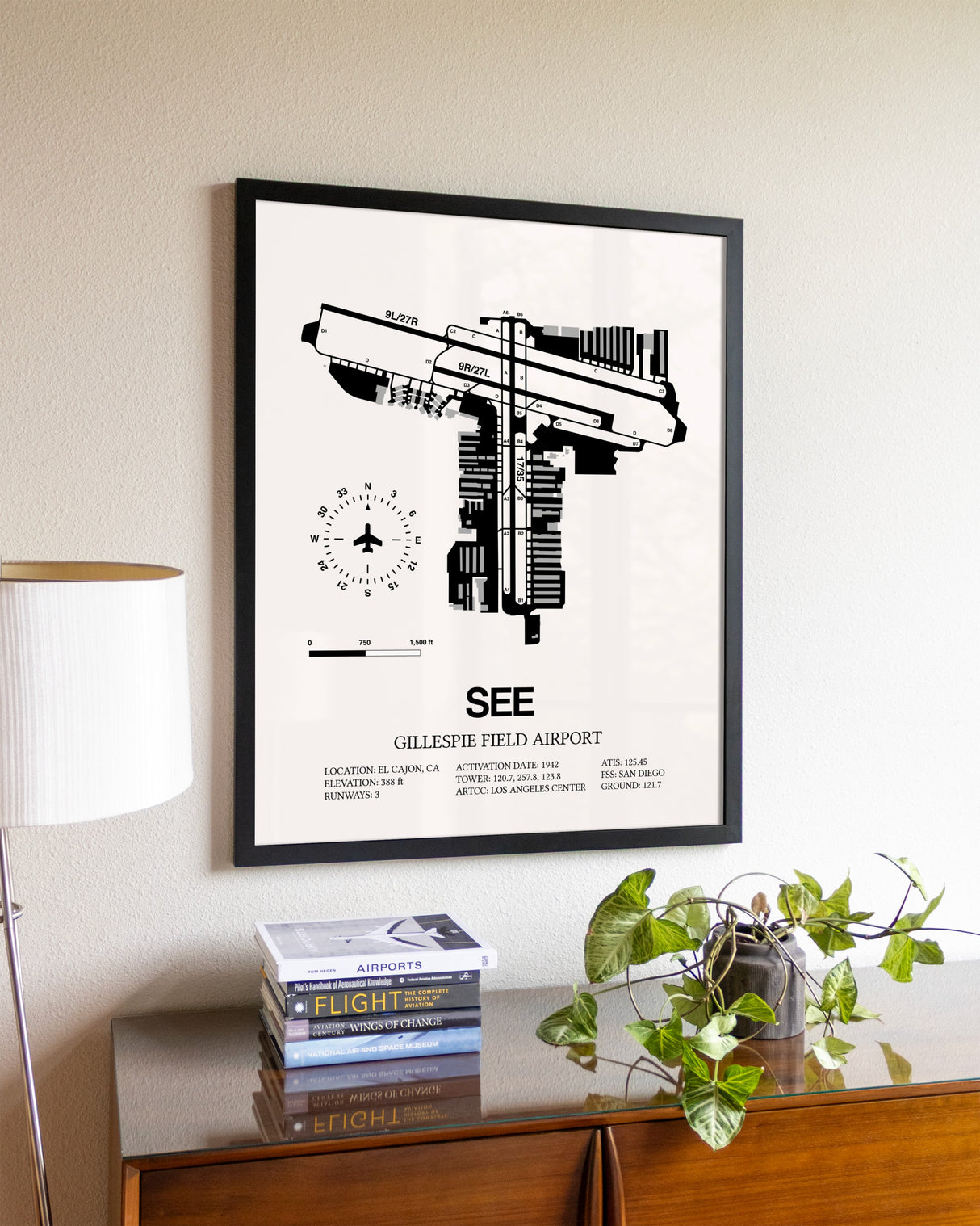 Gillespie Field Airport aviation wall décor in black wood frame