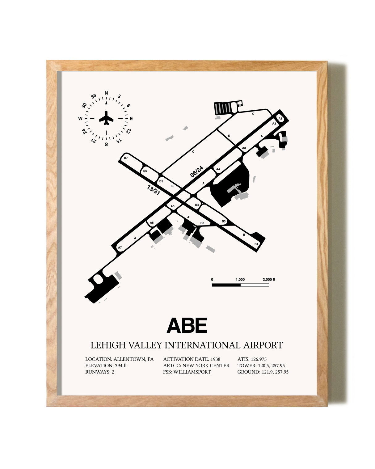 Lehigh Valley International Airport framed print in natural wood frame