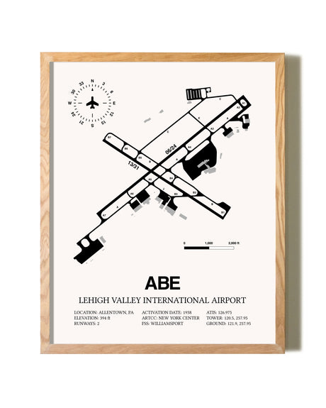 Lehigh Valley International Airport framed print in natural wood frame