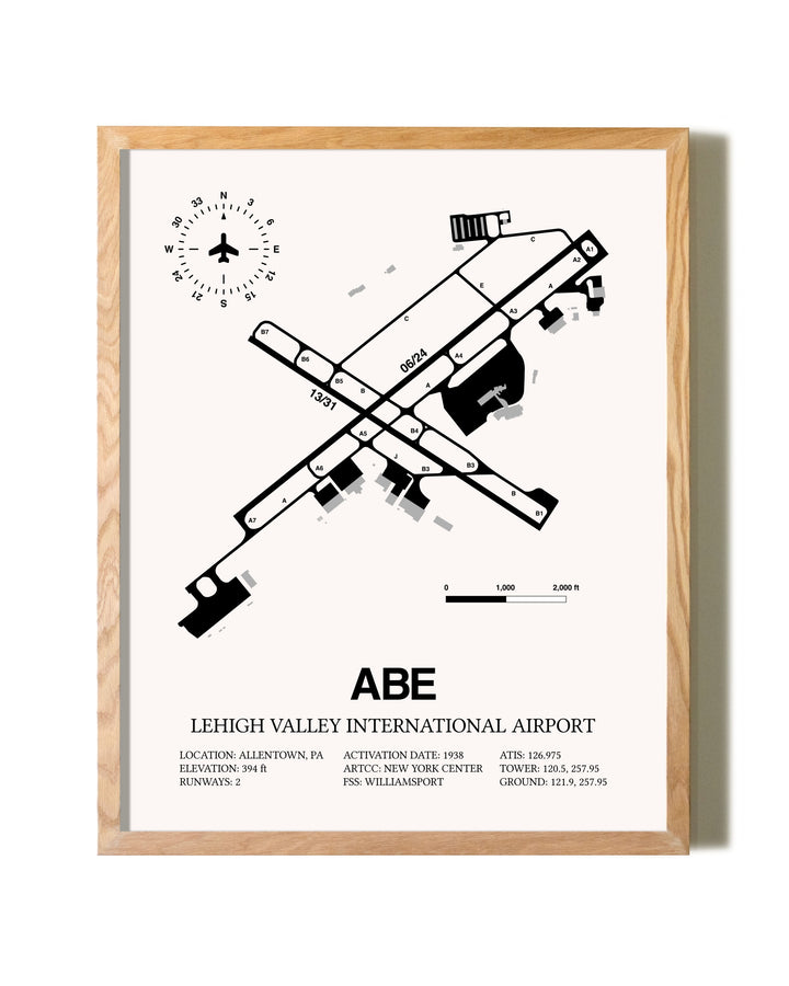 Lehigh Valley International Airport framed print in natural wood frame