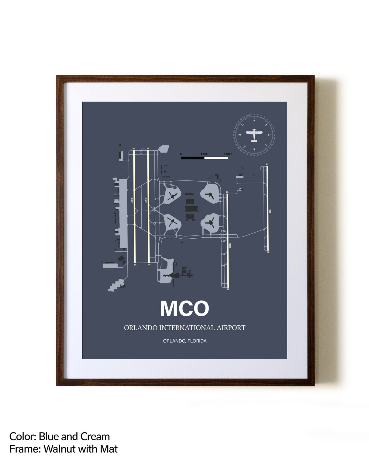 Orlando International Airport aviation print in walnut frame with mat