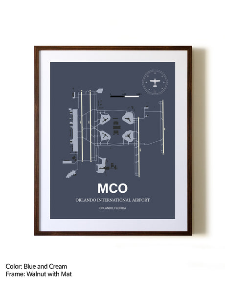 Orlando International Airport aviation print in walnut frame with mat