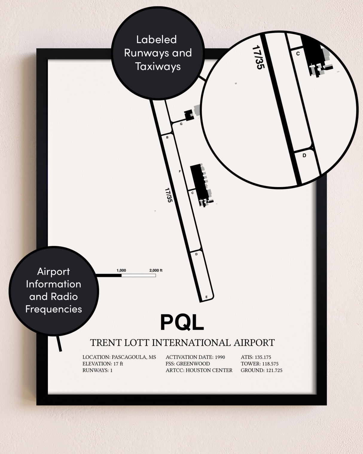 Framed Trent Lott International Airport layout wall art poster