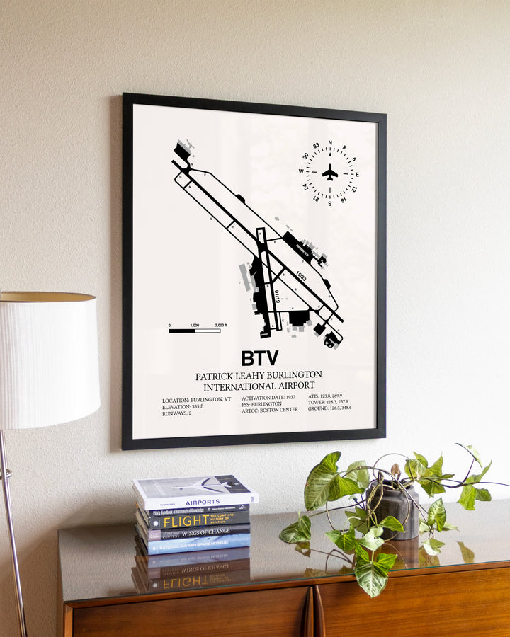 Patrick Leahy Burlington International Airport aviation wall décor in black wood frame