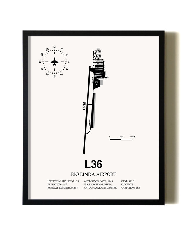 Framed Rio Linda Airport wall art poster in black frame