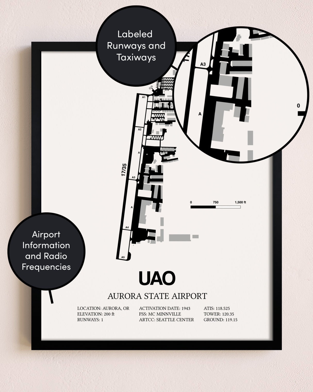 Framed Aurora State Airport layout wall art poster