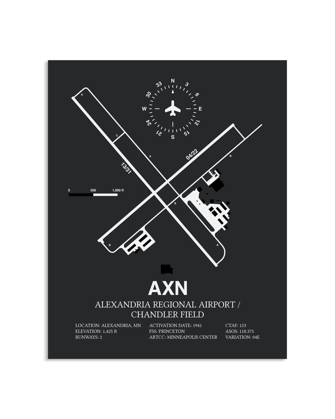 Gray Framed Alexandria Regional Airport / Chandler Field layout wall art poster