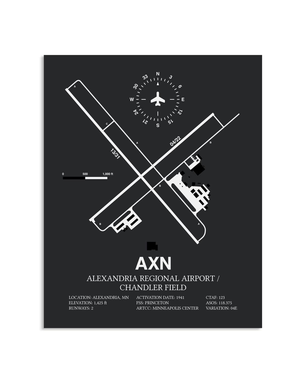 Gray Framed Alexandria Regional Airport / Chandler Field layout wall art poster