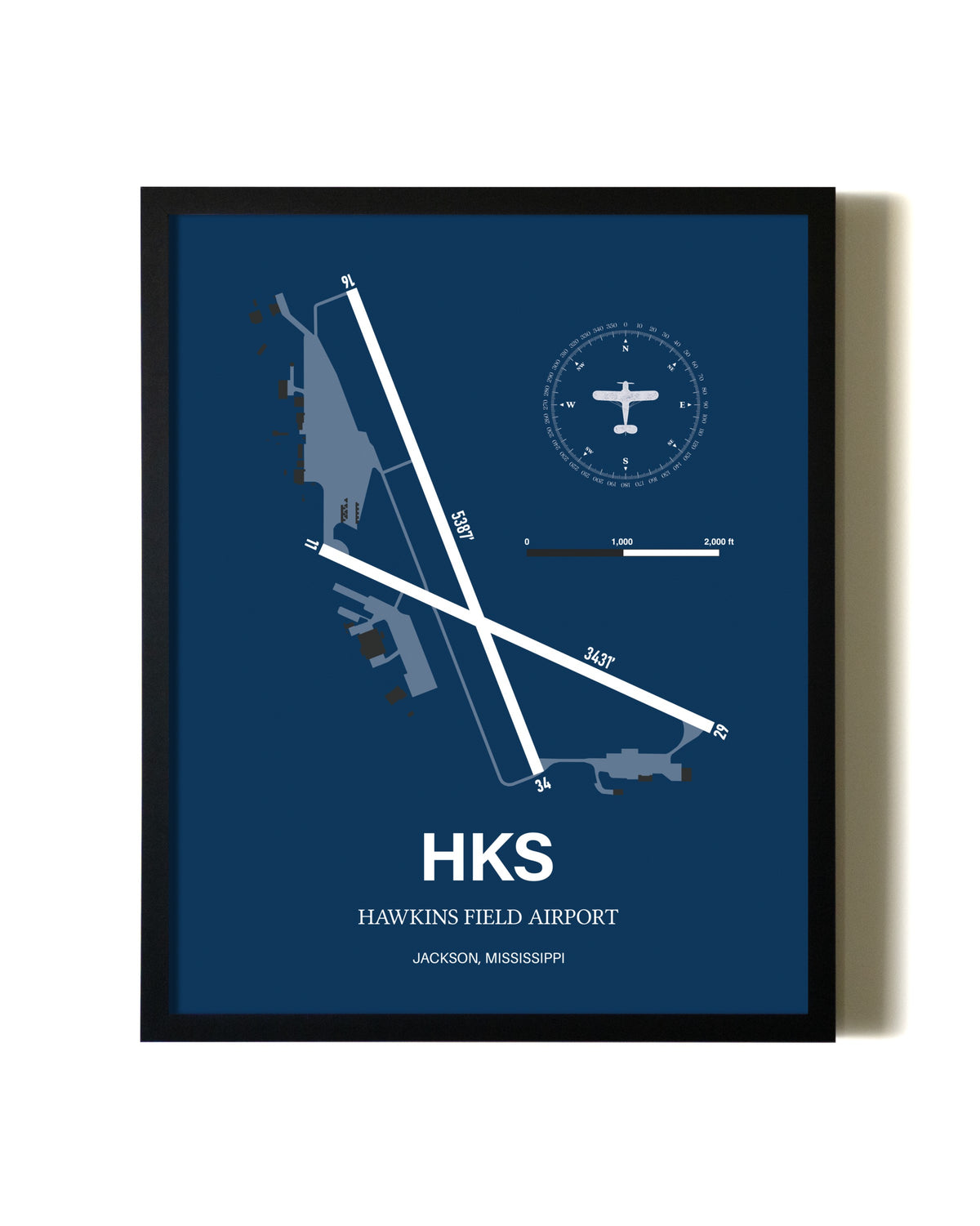 Aviation Blue Framed Hawkins Field Airport layout wall art poster