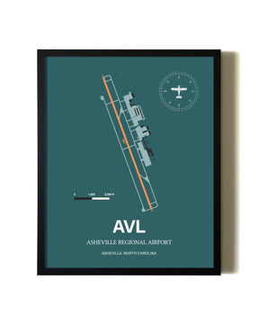 Framed Asheville Regional Airport wall art poster in black frame