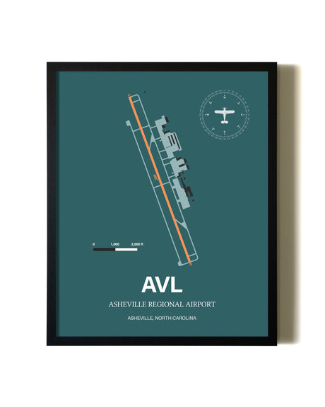 Framed Asheville Regional Airport wall art poster in black frame