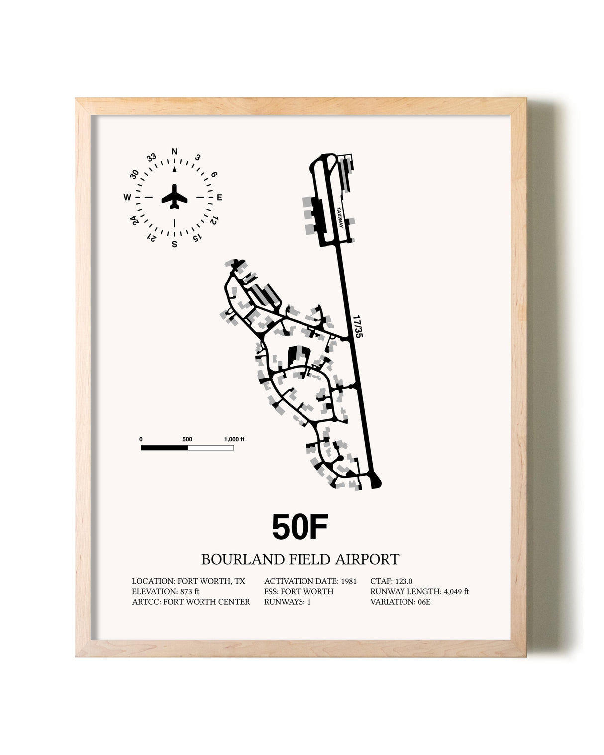 Bourland Field Airport framed wall art in white frame