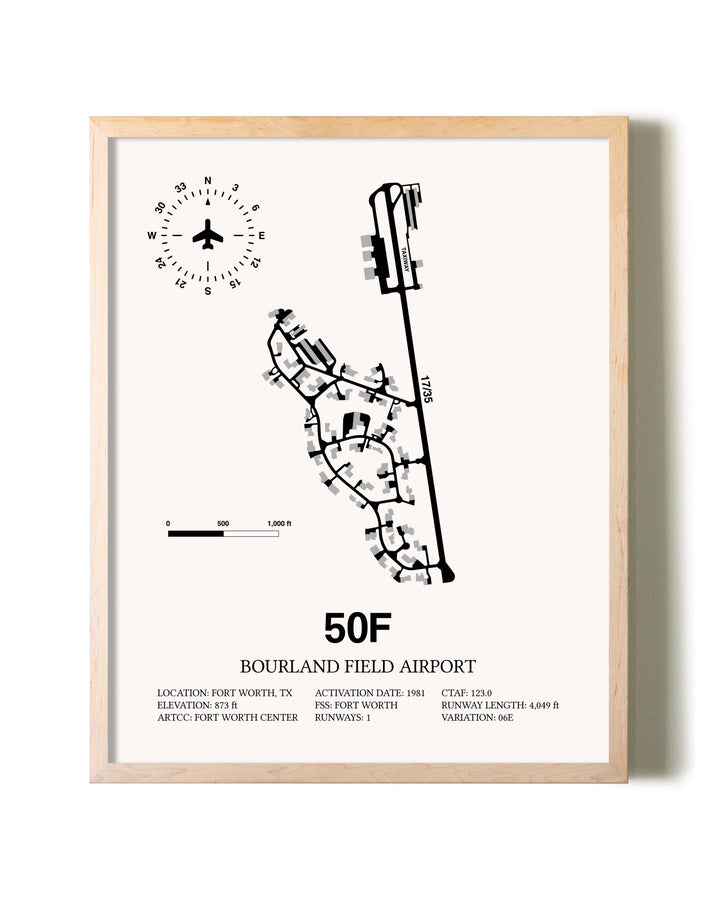 Bourland Field Airport framed wall art in white frame