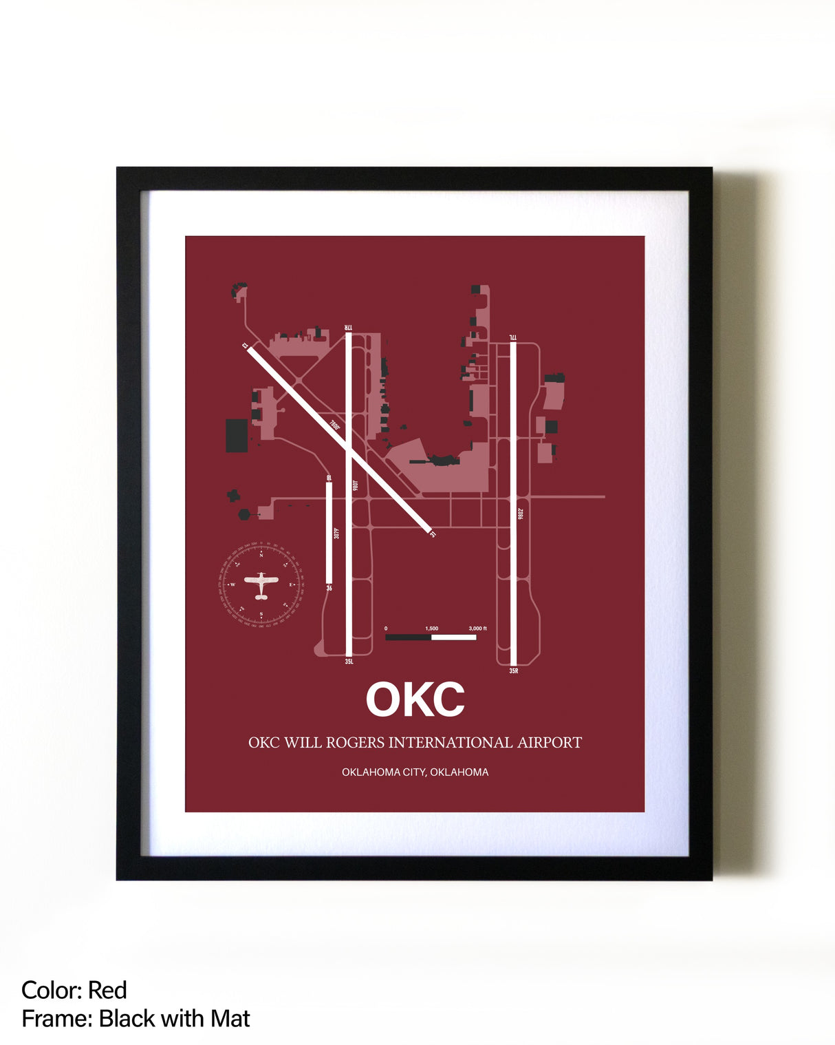OKC Will Rogers International Airport aviation wall décor in black wood frame
