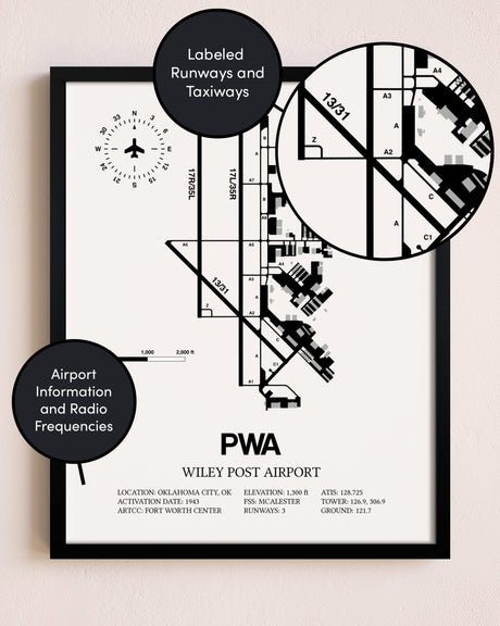 Framed Wiley Post Airport layout wall art poster