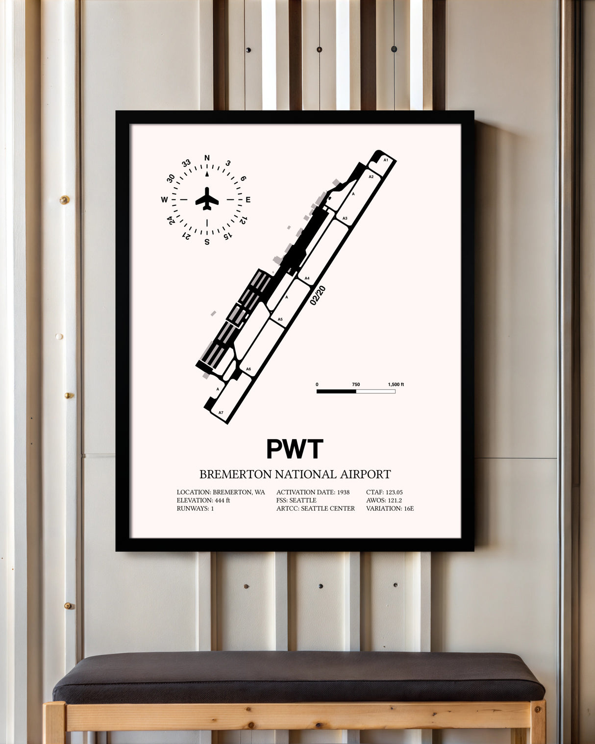 Bremerton National Airport framed poster displayed in an airplane hangar