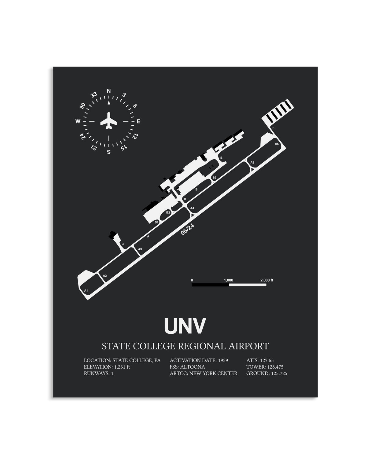 Gray Framed State College Regional Airport layout wall art poster