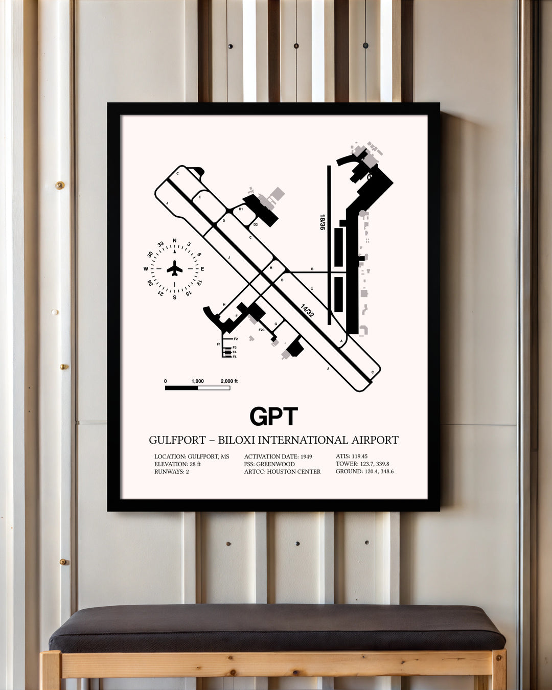 Gulfport-Biloxi International Airport framed poster displayed in an airplane hangar