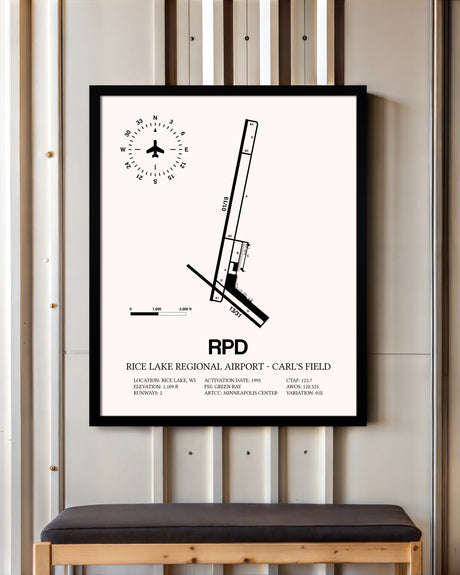 Rice Lake Regional Airport-Carl's Field framed poster displayed in an airplane hangar