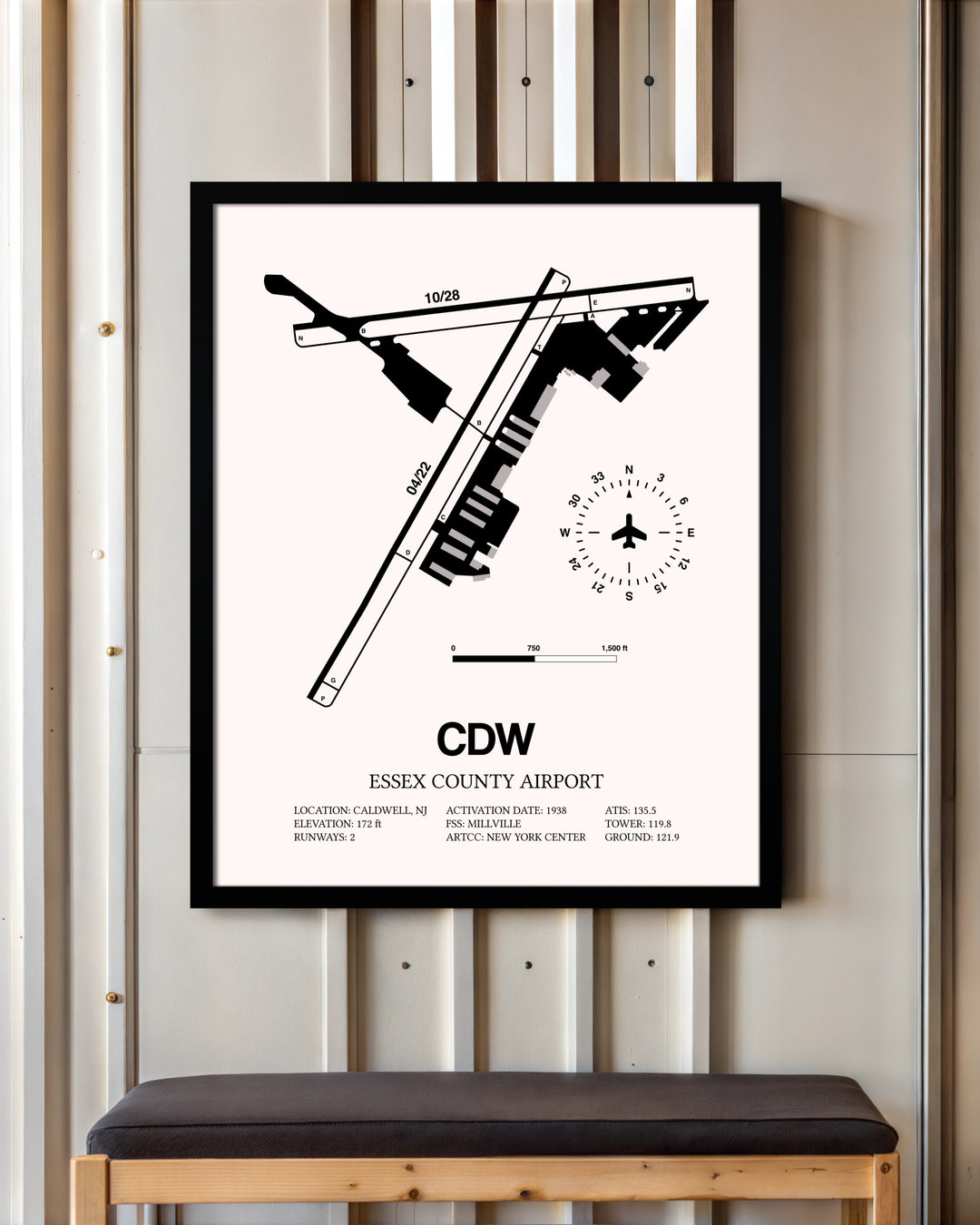 Essex County Airport framed poster displayed in an airplane hangar