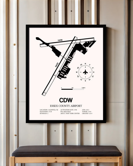 Essex County Airport framed poster displayed in an airplane hangar