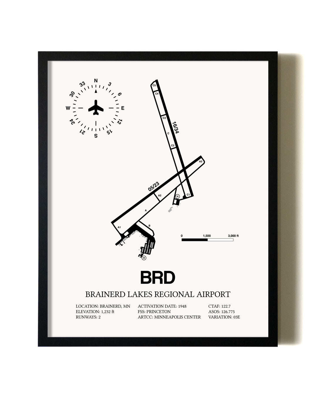 Framed Brainerd Lakes Regional Airport wall art poster in black frame