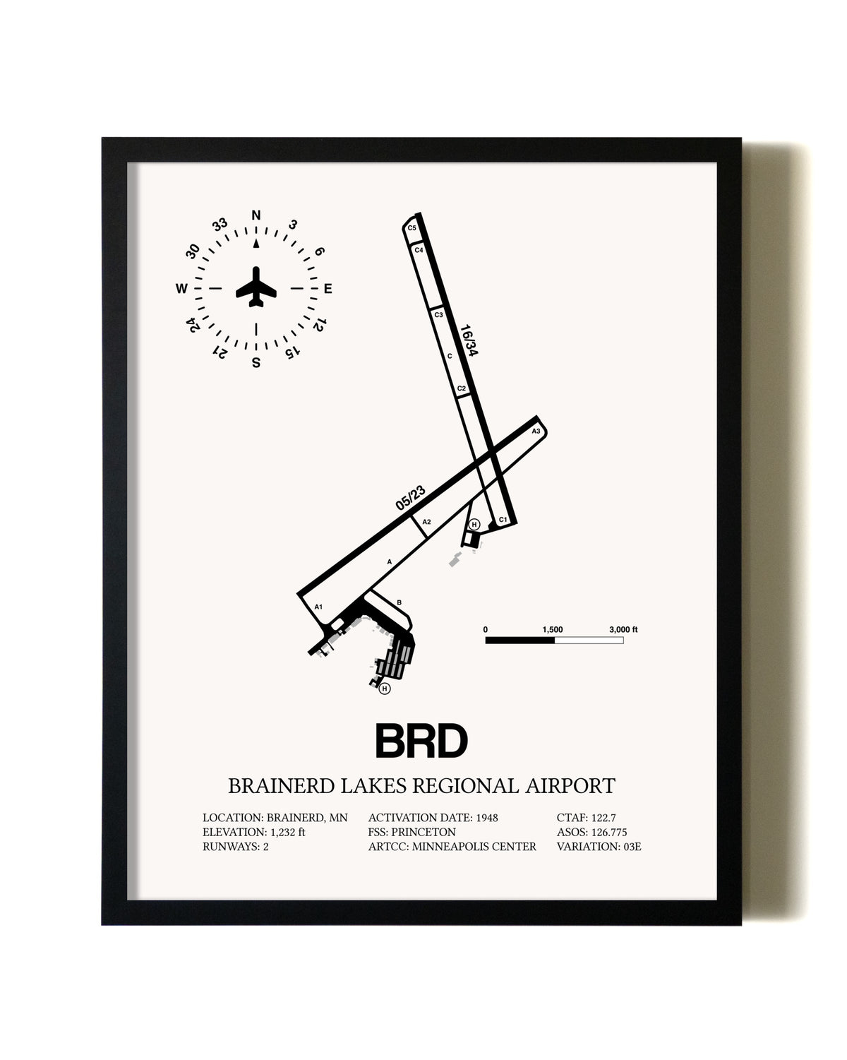 Framed Brainerd Lakes Regional Airport wall art poster in black frame