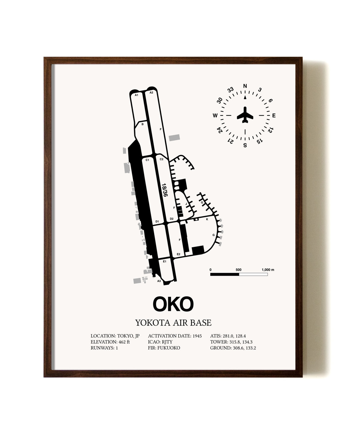 Yokota Air Base aviation print in walnut frame
